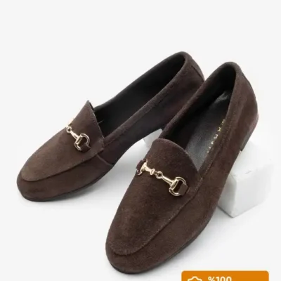 کفش لوفر زنانه روزمره از چرم طبیعی با زنجیر - رنگ قهوه‌ای سوئدی برند Marjin - 8545