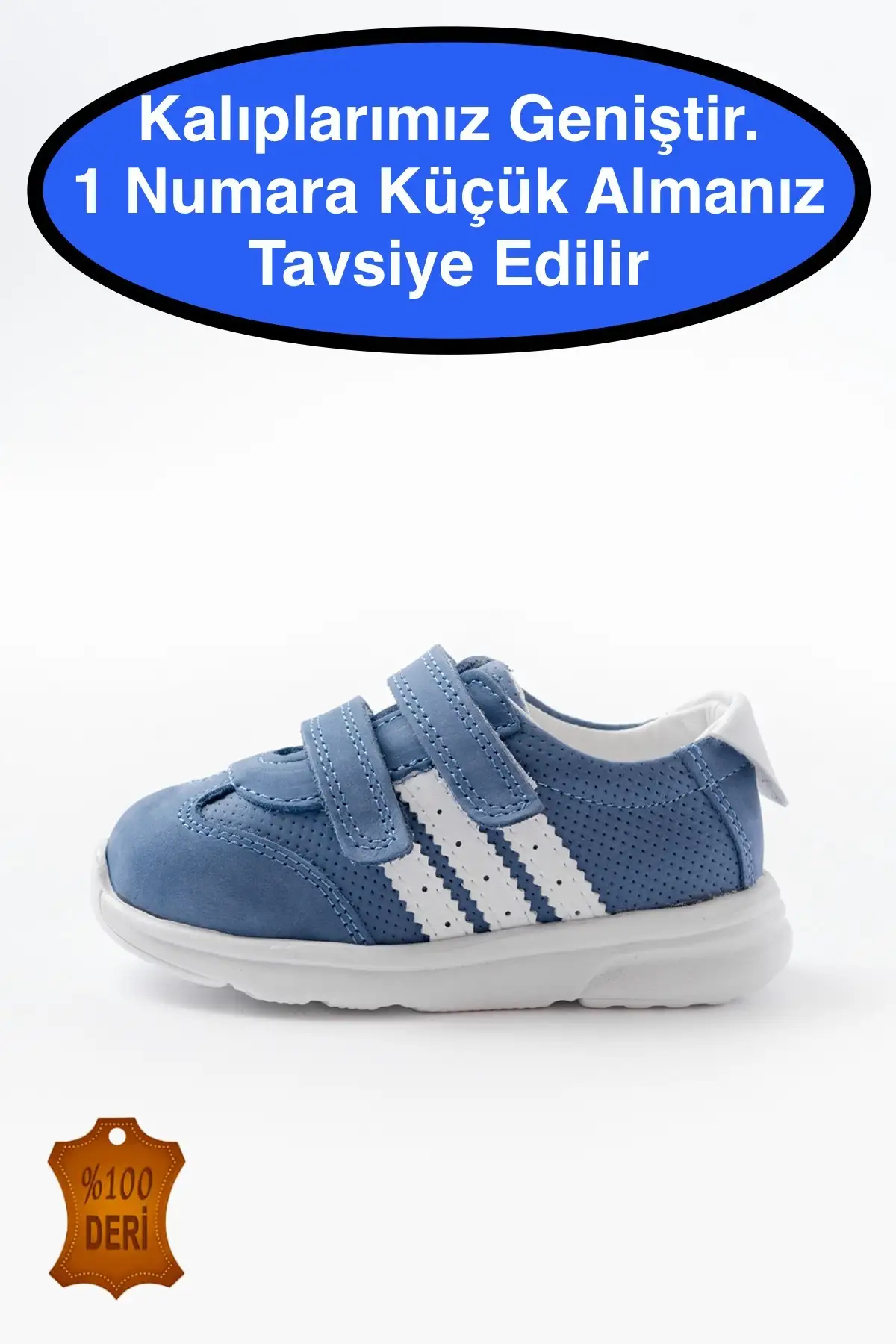 کفش نوزاد پسر ورزشی مردانه نخستین قدم با چسب از چرم طبیعی رنگ آبی برند lina step - 8379