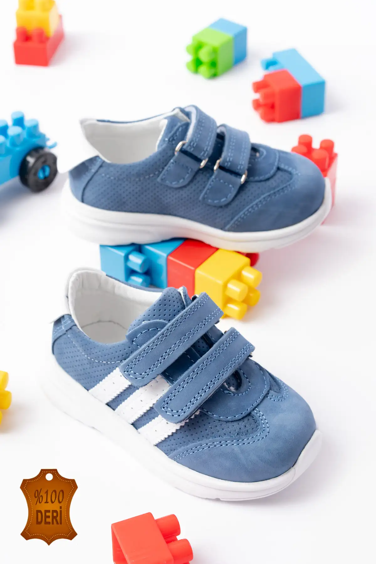 کفش نوزاد پسر ورزشی مردانه نخستین قدم با چسب از چرم طبیعی رنگ آبی برند lina step - 8379