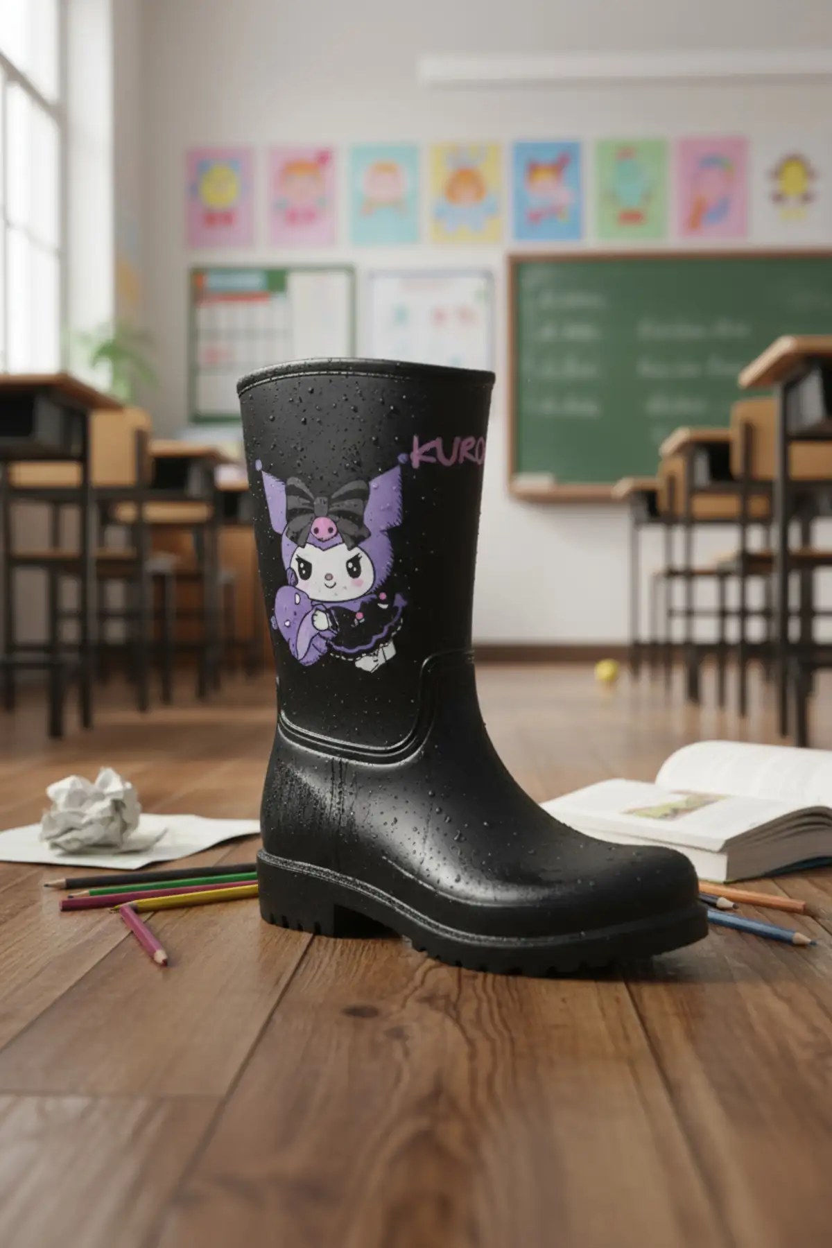 بوت بچگانه چکمه بارانی دخترانه مشکی و بنفش با طرح کرومی ضد آب برند Sea&Blue - 8410