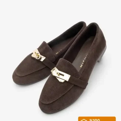 کفش لوفر زنانه روزمره مدل با چرم طبیعی و سگک نادور رنگ قهوه‌ای سوئدی برند Marjin - 8551