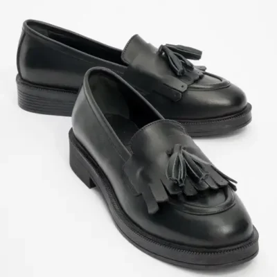 کفش لوفر زنانه loafer از جنس چرم طبیعی با پاپیون مشکی برند luvishoes - 8560