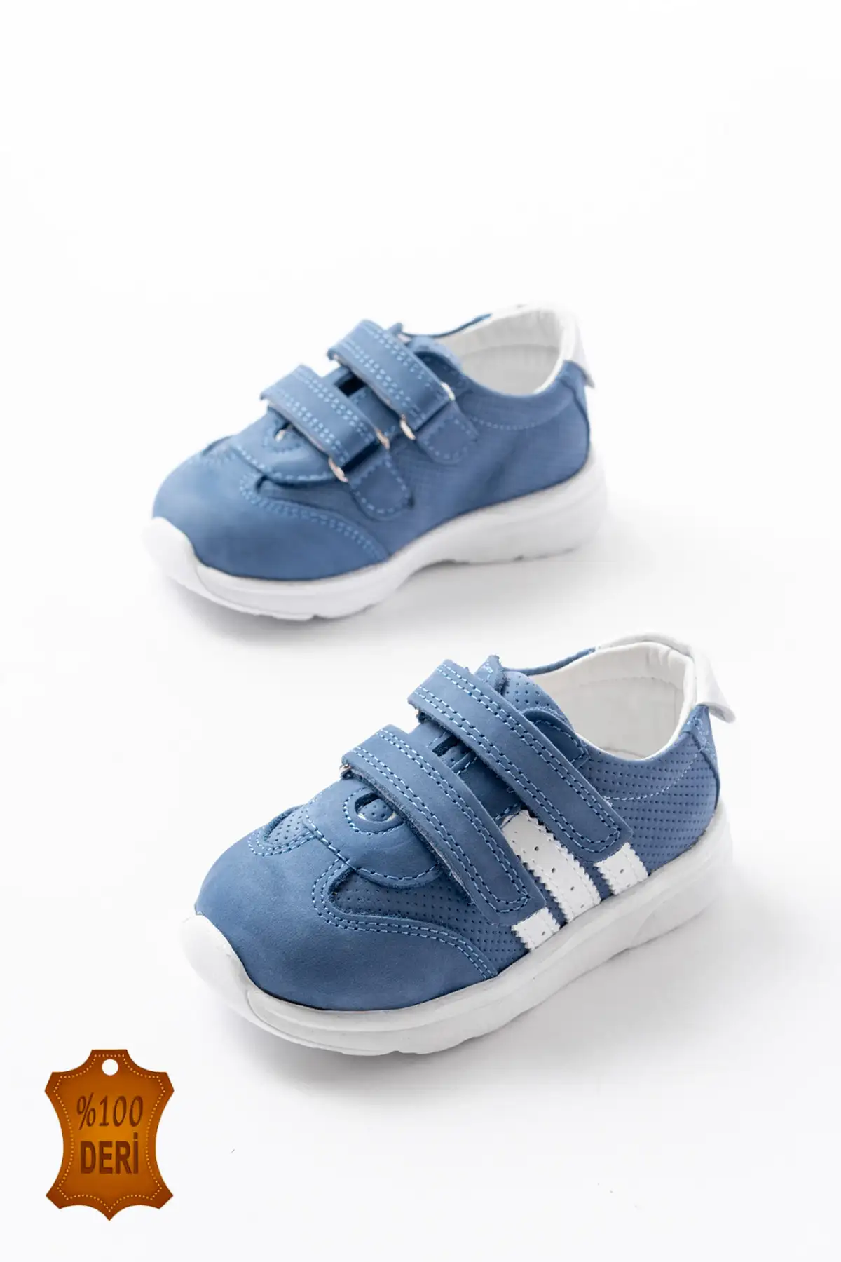 کفش نوزاد پسر ورزشی مردانه نخستین قدم با چسب از چرم طبیعی رنگ آبی برند lina step - 8379