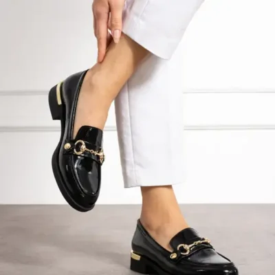 کفش لوفر زنانه ماد مچ پاش سیاه با بند طلایی قابل تعویض، روزمره راحت و شیک با پاشنه برند Güllü Shoes - 8575