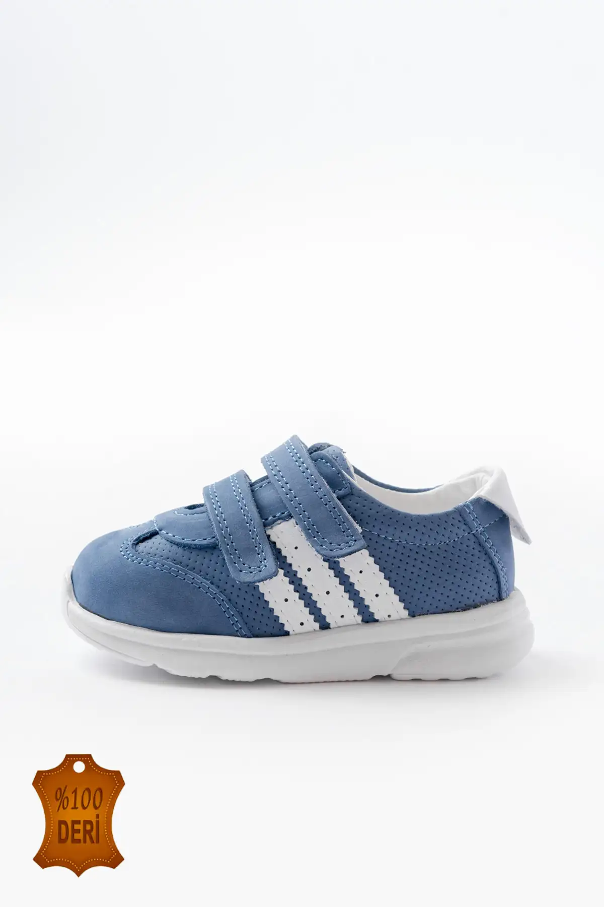 کفش نوزاد پسر ورزشی مردانه نخستین قدم با چسب از چرم طبیعی رنگ آبی برند lina step - 8379