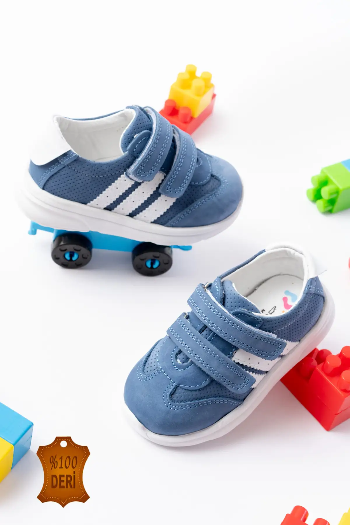 کفش نوزاد پسر ورزشی مردانه نخستین قدم با چسب از چرم طبیعی رنگ آبی برند lina step - 8379