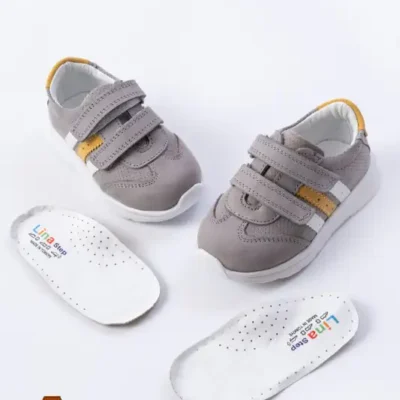 کفش نوزاد پسر اسپرت ی ارتوپدی ولکرو مردانه چرم اصل خاکستری - 8615